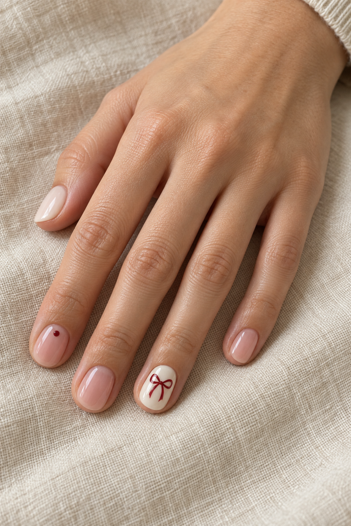 Short rounded blush and ivory nails with a cranberry bow and red dot accent.