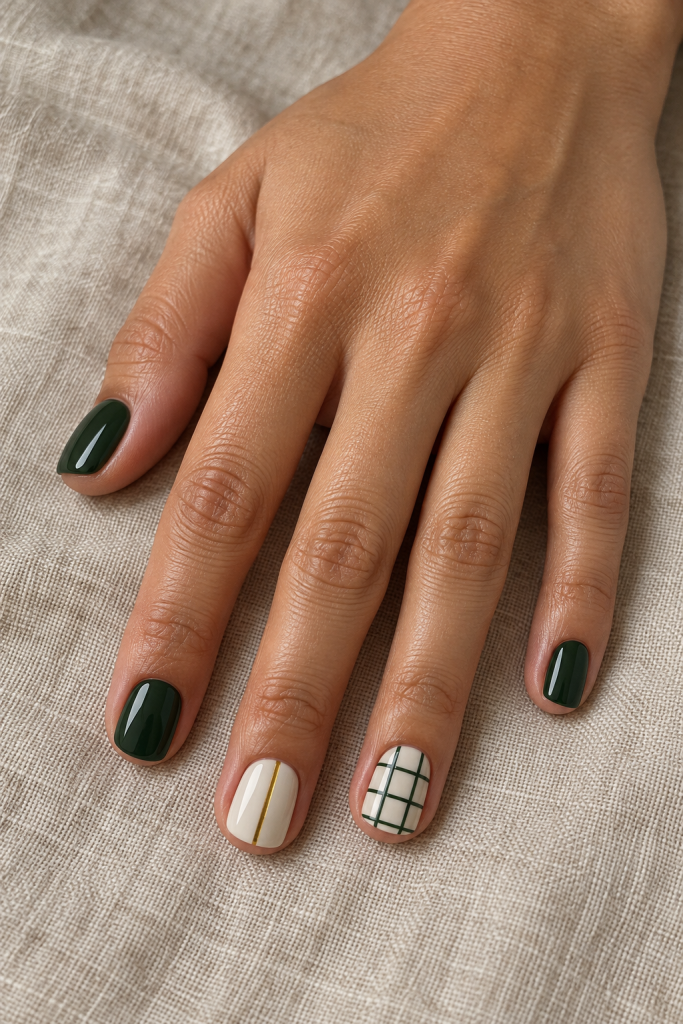 Short forest-green and ivory nails with green windowpane checks and one gold line.