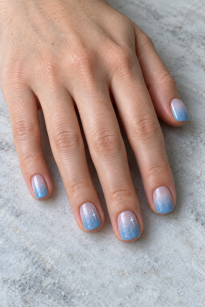 Short soft-square nails with a nude-to-icy-blue ombre, fine shimmer and white stars.