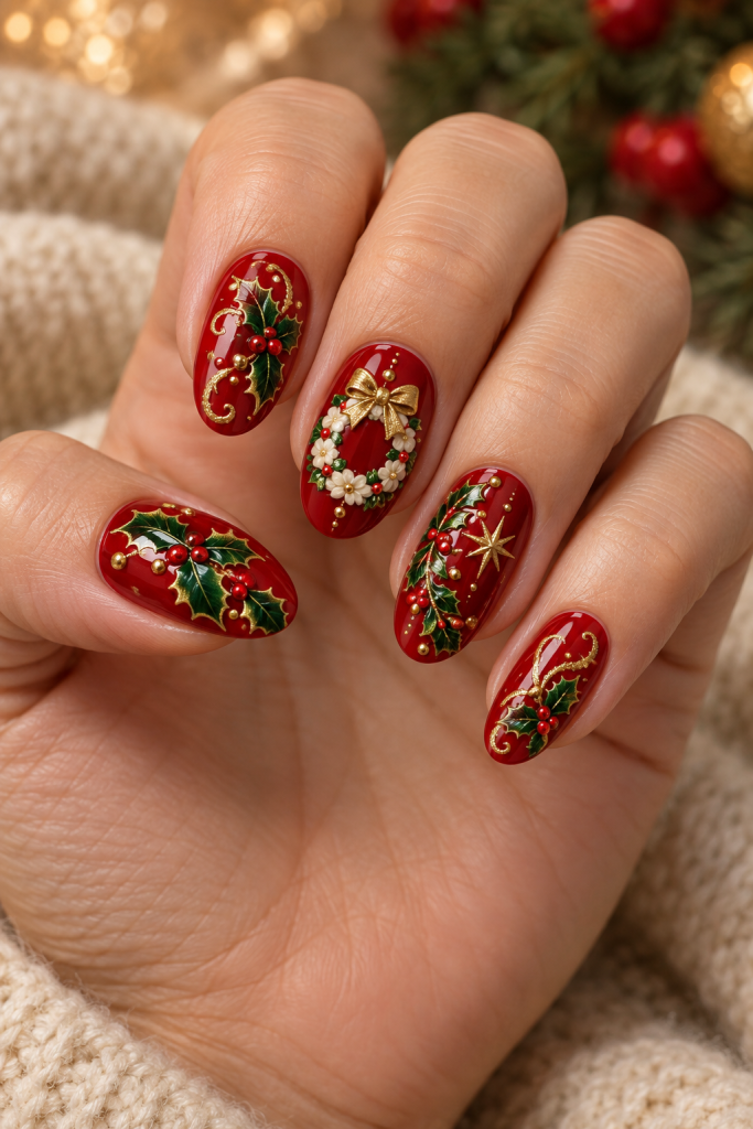 medium oval Christmas nails in scarlet red, forest green and gold. Painted holly leaves, gold scrolls and a cream floral wreath decorate glossy scarlet nails with little red berries.