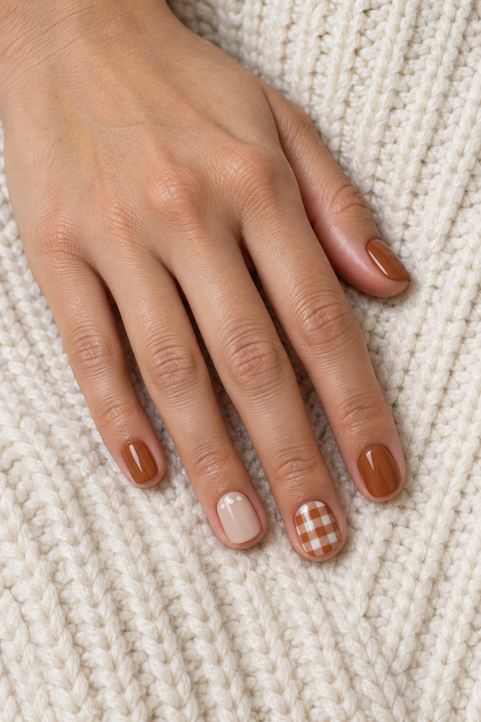 Short caramel nails with cream gingham checks and small ivory dot accents.