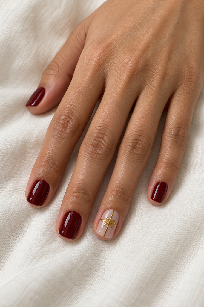 Short burgundy nails with a nude accent decorated with thin gold gift-wrap lines and a bow.