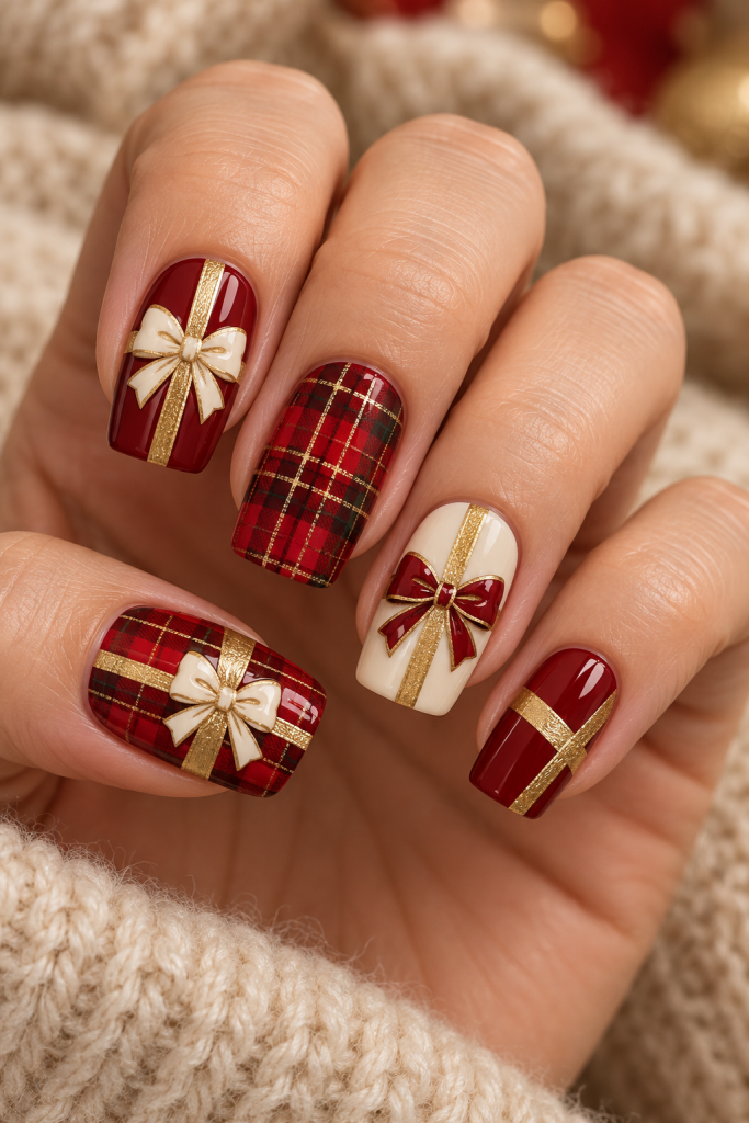 medium soft square Christmas nails in burgundy, scarlet, cream and gold. Rich red tartan, broad gold gift ribbons and cream bow accents create a coordinated wrapping-paper manicure.
