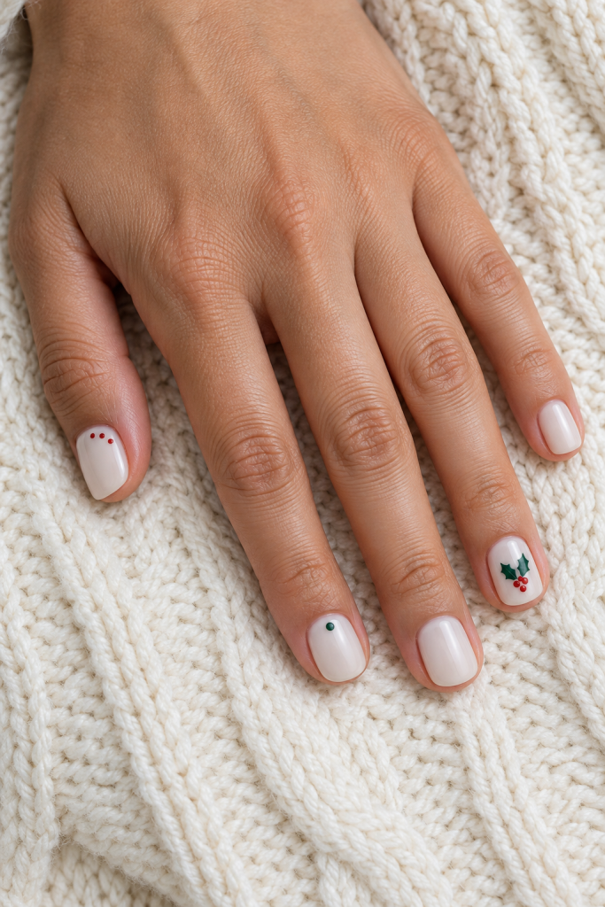 Short ivory nails with green holly leaves, red berries and sparse festive dots.