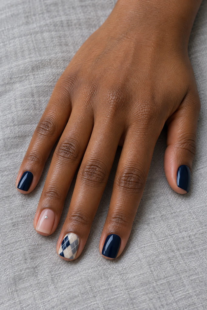 Short navy and nude nails with a pale navy-and-ivory argyle accent and silver dot.