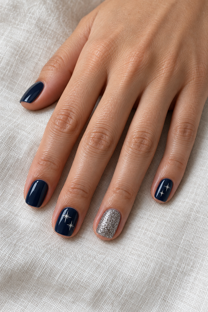 Short navy nails with tiny silver starbursts and one silver glitter accent nail.
