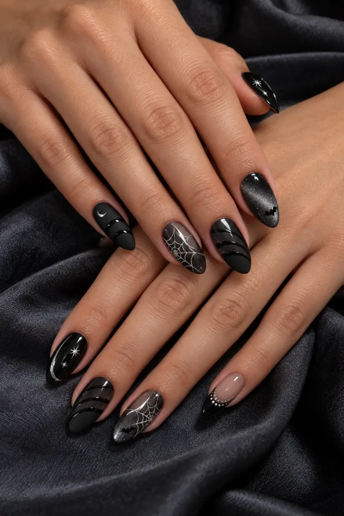 Two overlapping hands with almond nails featuring matte and glossy black stripes, silver spiderwebs, cat-eye bat accents, crescents and star details.