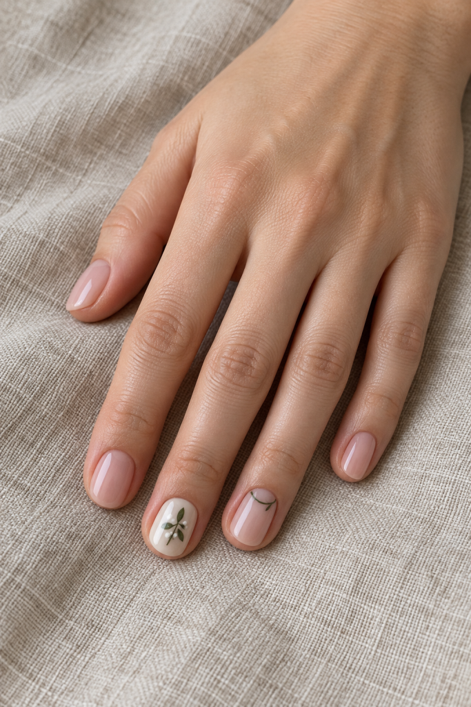 Short blush and ivory nails with a tiny green mistletoe sprig and white berries.