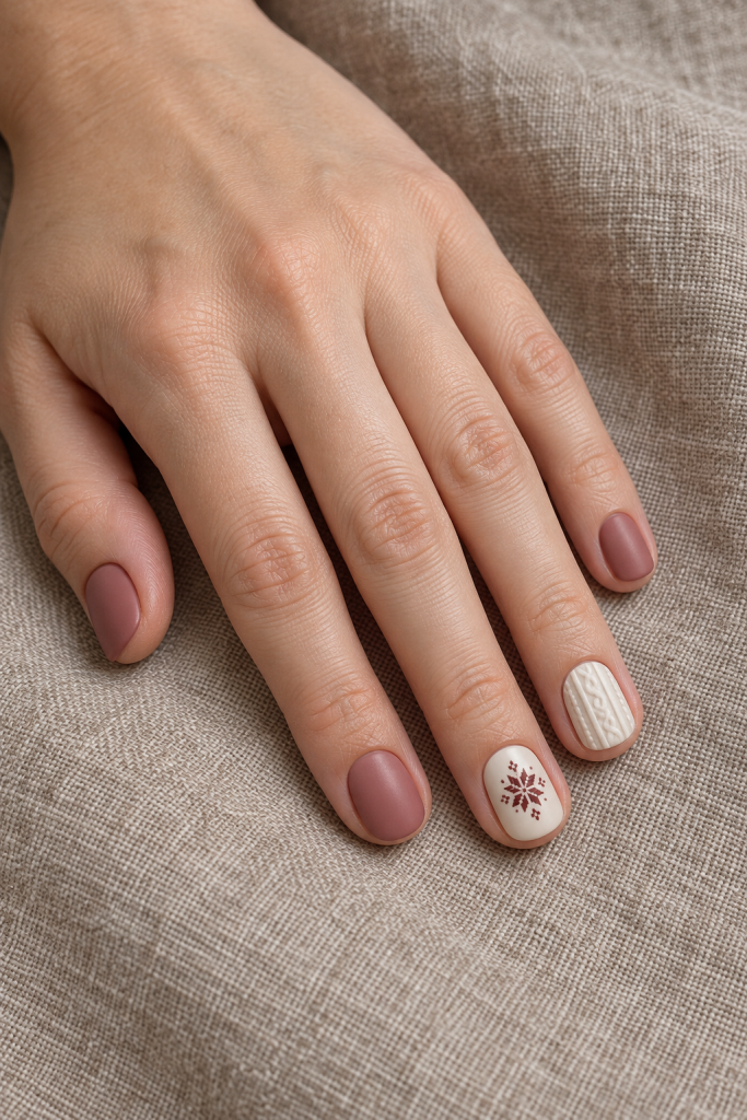 Short matte dusty-rose and ivory nails with cable-knit texture and a burgundy Nordic motif.