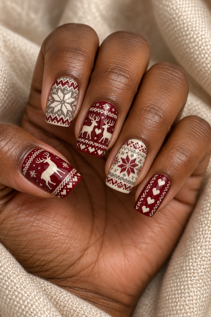 medium soft square Christmas nails in oxblood red, ivory and warm grey. Ivory Nordic reindeer silhouettes, heart borders and knitted chevrons fill deep red nails with a traditional winter pattern.