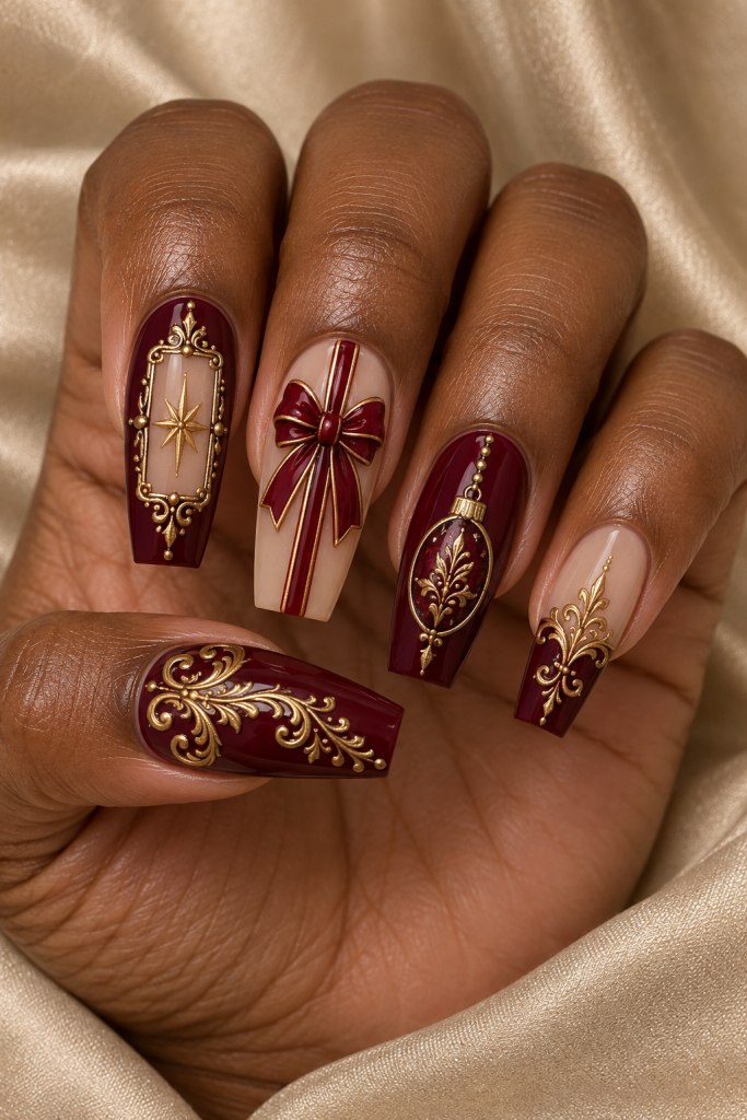 long tapered square Christmas nails in oxblood, antique gold and nude. Ornate gold rectangular frames, a burgundy gift bow and a hanging oval ornament create a richly bordered wine set.