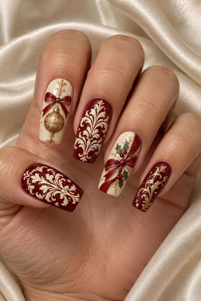 long soft square Christmas nails in oxblood red, cream and antique gold. Bold ivory damask flourishes, a gilded bauble and a wine ribbon bow give this Christmas set an ornate textile mood.