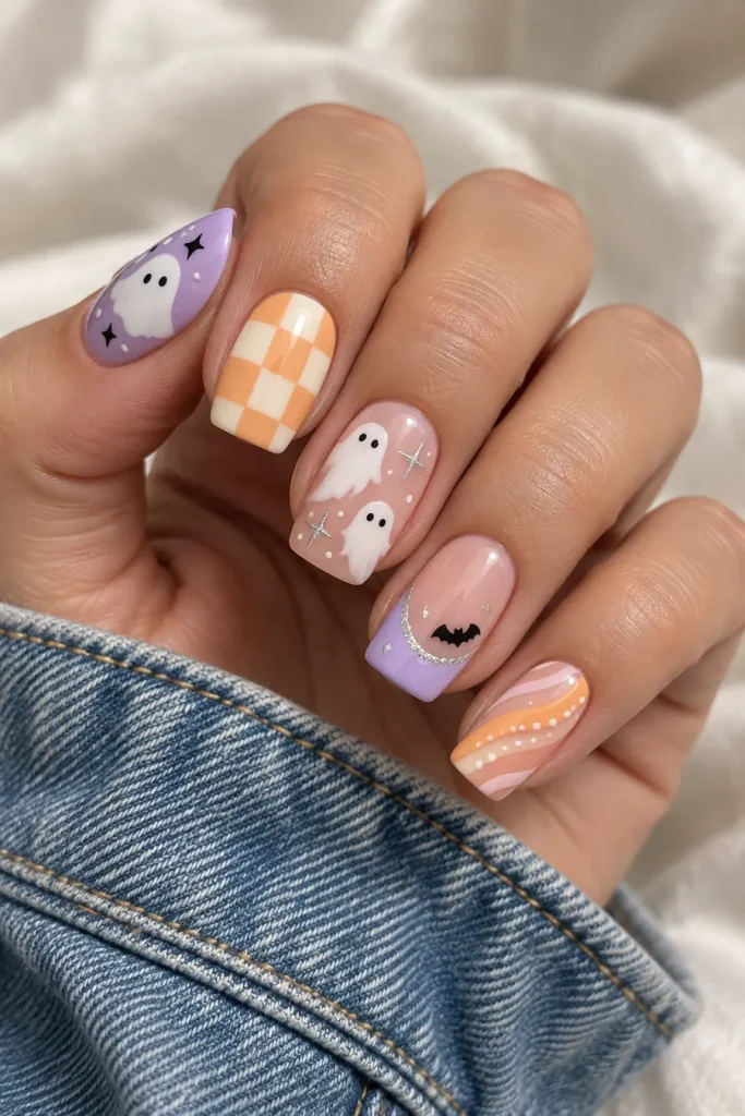 Pastel pink and lilac nails with white ghosts, peach checkerboards, silver stars, a black bat and orange swirls, shown beside a denim cuff.
