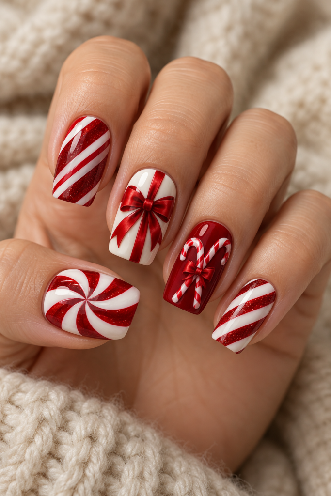 medium soft square Christmas nails in bright red, white and deep red. Bold red-and-white peppermint spirals, striped candy canes and a red satin bow make a high-contrast candy set.