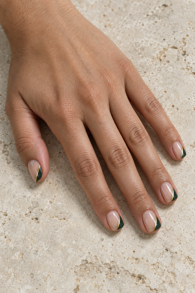 Short nude nails with diagonal forest-green French tips edged in gold.
