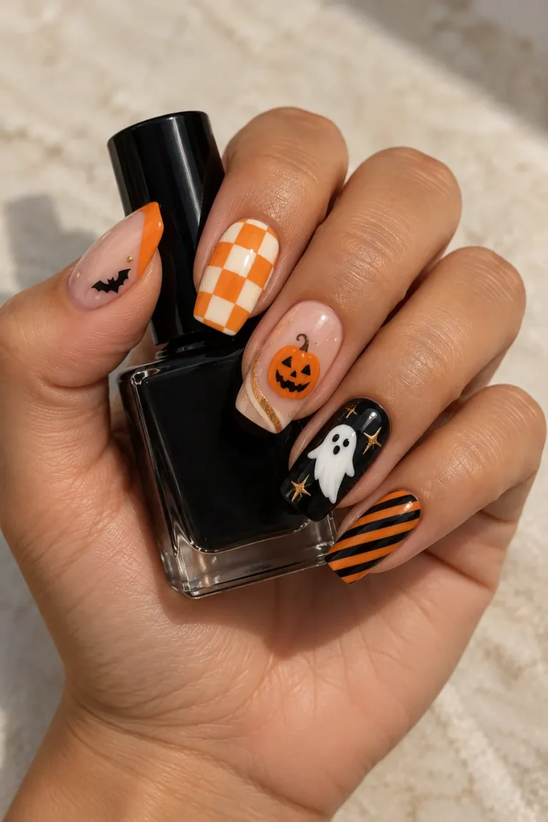 Orange and ivory checkerboard nails with a jack-o'-lantern, white ghost, gold stars, black-and-orange stripes and a bat, shown holding a black polish bottle.
