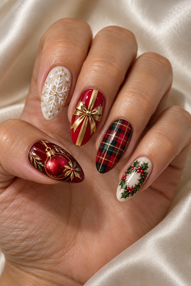 medium almond Christmas nails in scarlet, burgundy, ivory and gold. A red bauble, white snowflake, gift bow, tartan and holly wreath bring five festive motifs into one coordinated hand.