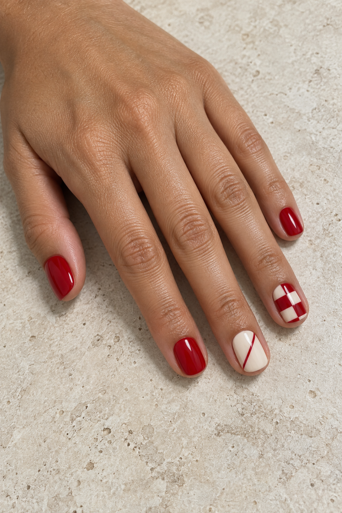Short red and ivory nails with a bold checkerboard accent and thin red diagonal line.