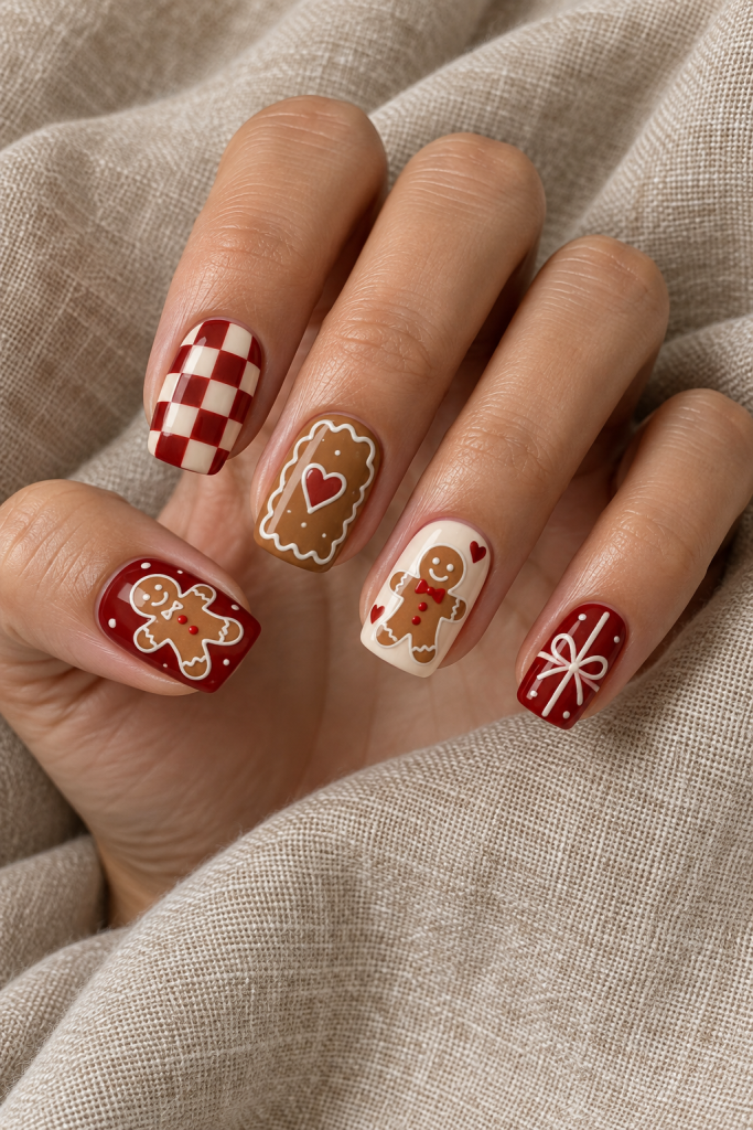 medium soft square Christmas nails in brick red, biscuit brown and white. Gingerbread figures, white icing borders and red checkerboard nails turn this set into a warm holiday cookie box.