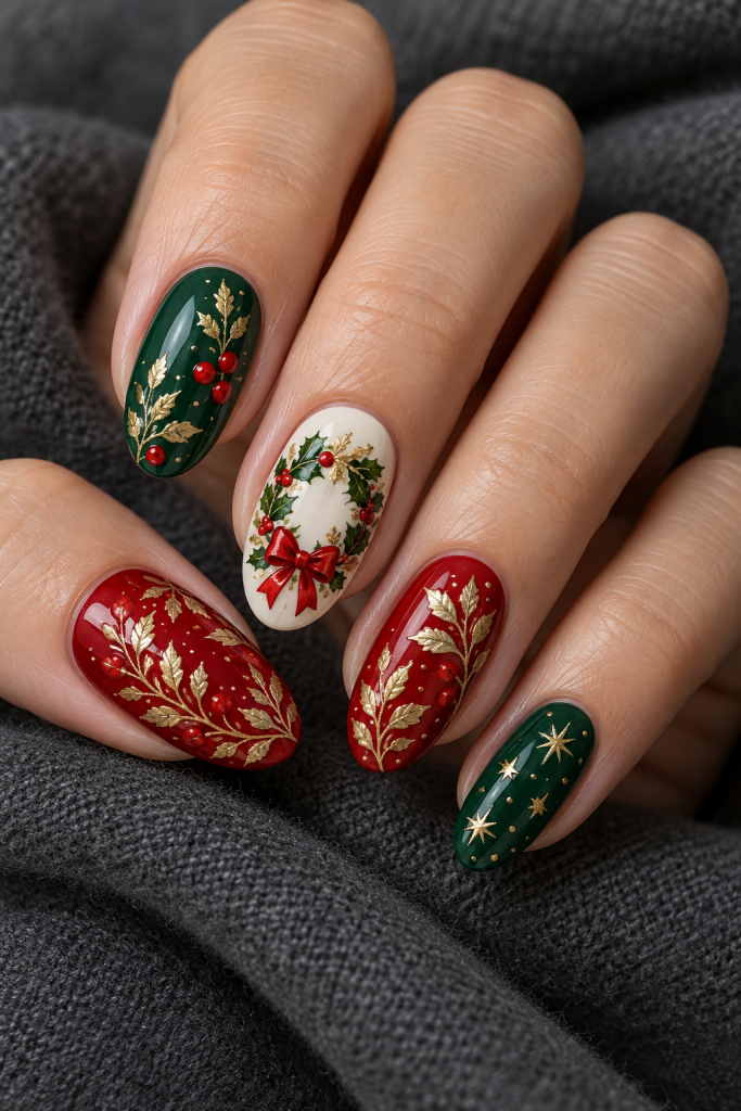 medium oval Christmas nails in true red, forest green, cream and gold. A full holly wreath on an ivory nail joins red berry clusters, gilded leaf borders and a large scarlet bow.