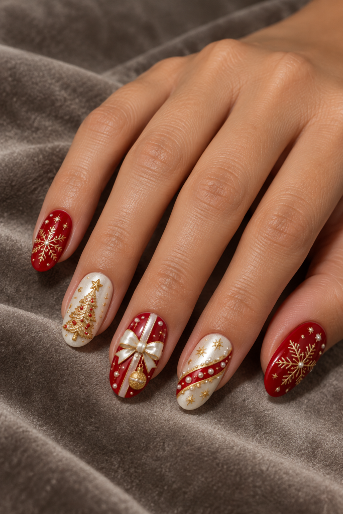 medium oval Christmas nails in true red, pearl white and warm gold. A pearl-white bow leads a glossy red gift set with dotted pearl borders, white wrapping stripes and a gold ornament.
