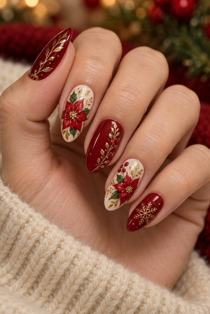 medium almond Christmas nails in cranberry red, cream and gold. Layered red poinsettia flowers sit on creamy accent nails beside glossy cranberry nails with gilded botanical borders.
