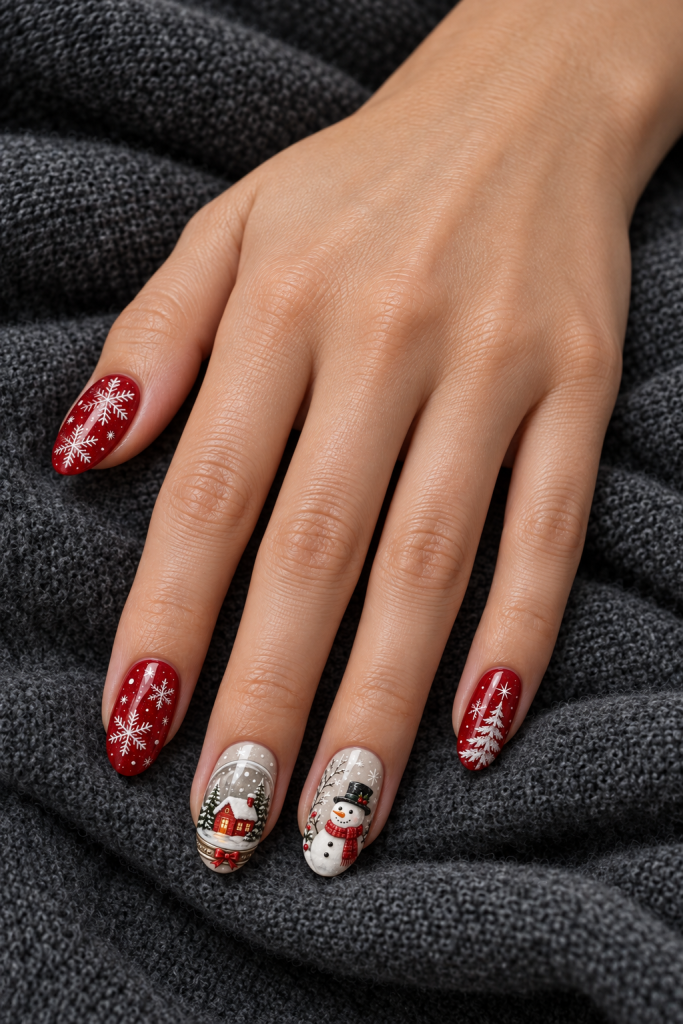medium oval Christmas nails in red, ivory and soft silver. A painted snow globe encloses a red cottage, with a scarfed snowman, broad snowflakes and glossy red supporting nails.