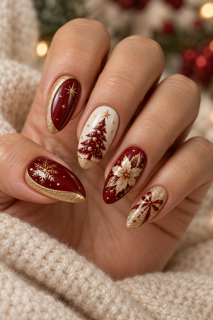 medium almond Christmas nails in oxblood red, champagne and ivory. Broad gold crescent borders frame deep red panels, with one ivory nail carrying a burgundy Christmas tree and tiny ornaments.