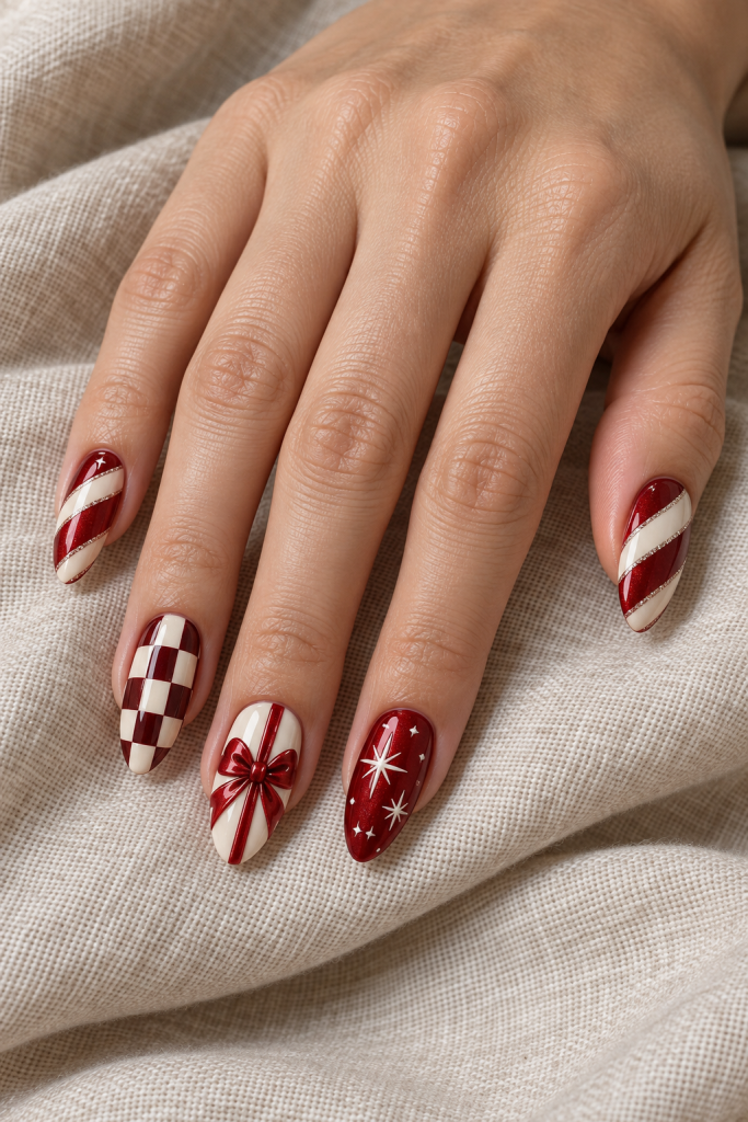 medium almond Christmas nails in scarlet, ivory and burgundy. Broad diagonal candy ribbons contrast with ivory-and-burgundy checks and a glossy red bow accent.