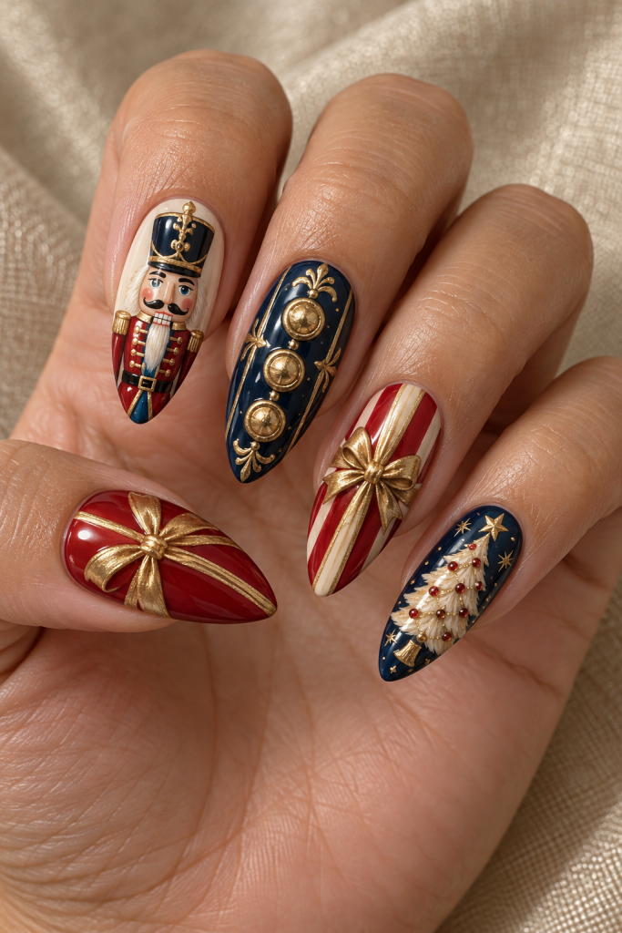 long almond Christmas nails in ruby red, ivory, navy and gold. A painted nutcracker, ornate gold buttons, red gift stripes and a cream Christmas tree bring toyshop details together.