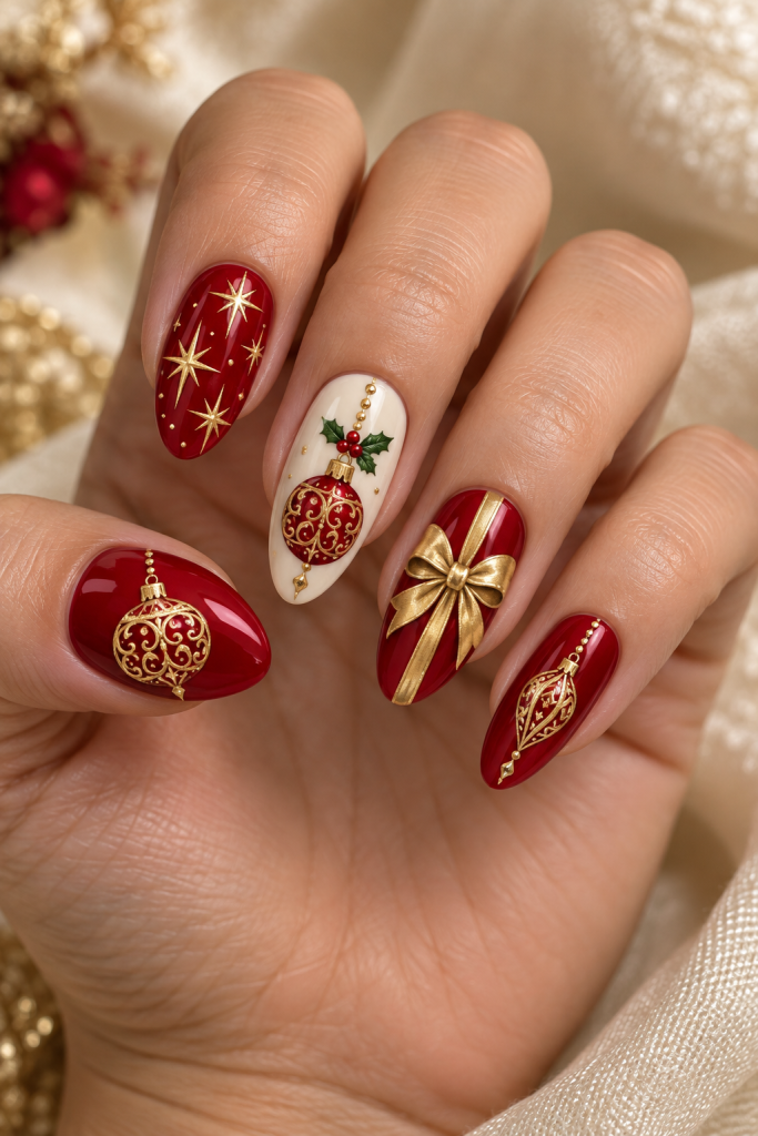 medium almond Christmas nails in ruby red, ivory and champagne gold. Ornate gold baubles, a ribbon bow and starbursts across ruby nails; an ivory nail carries a red ornament with holly.
