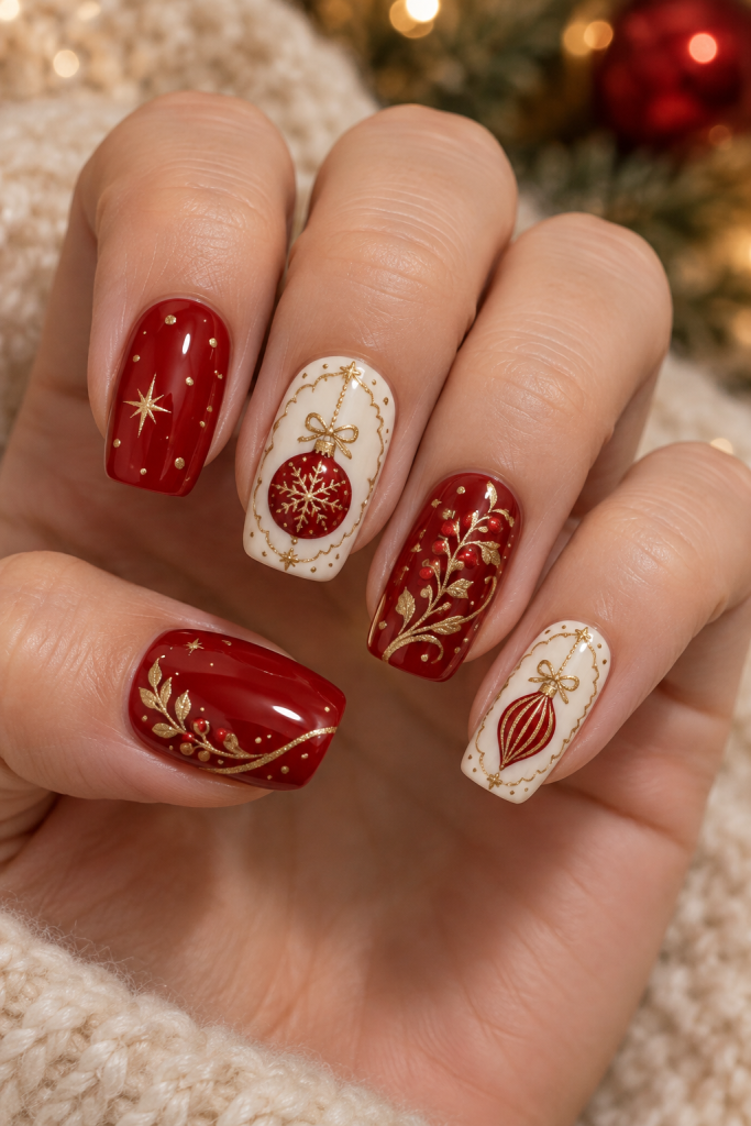 medium soft square Christmas nails in cherry red, ivory and pale gold. Ivory scalloped oval frames enclose red baubles; cherry nails with little gold dots and curved borders complete the set.