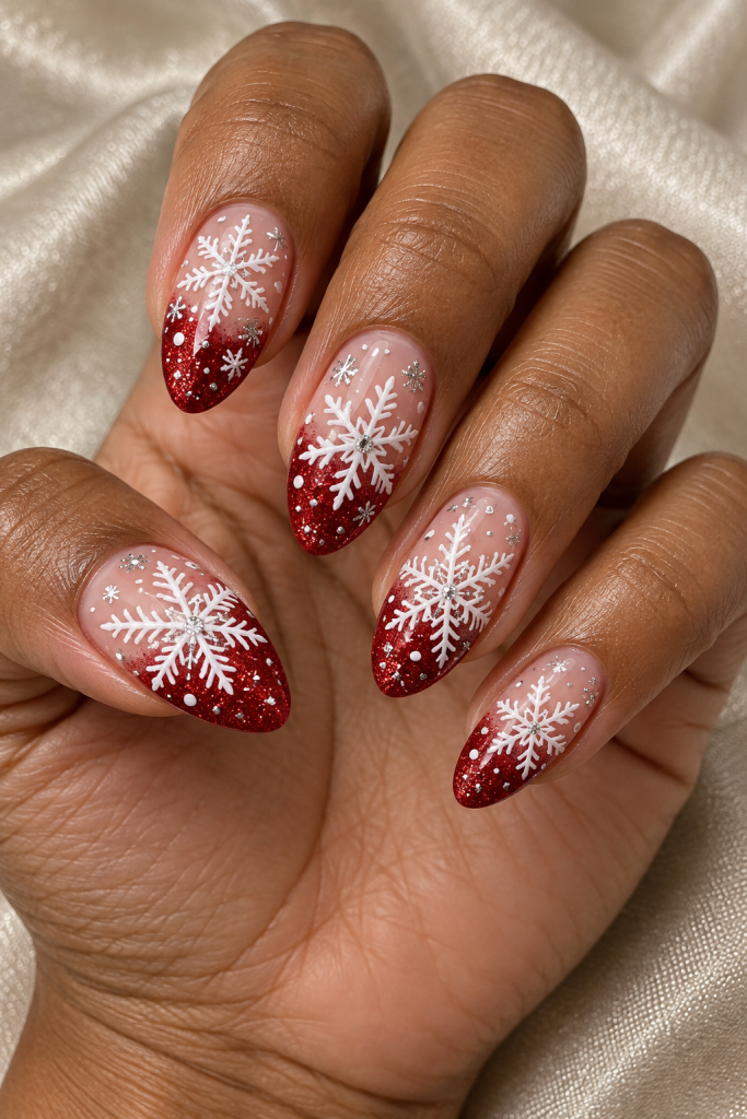 medium almond Christmas nails in ruby red, white and silver. Oversized white snowflakes cross ruby glitter tips and translucent-looking nude panels, with silver details and dotted snowfall.