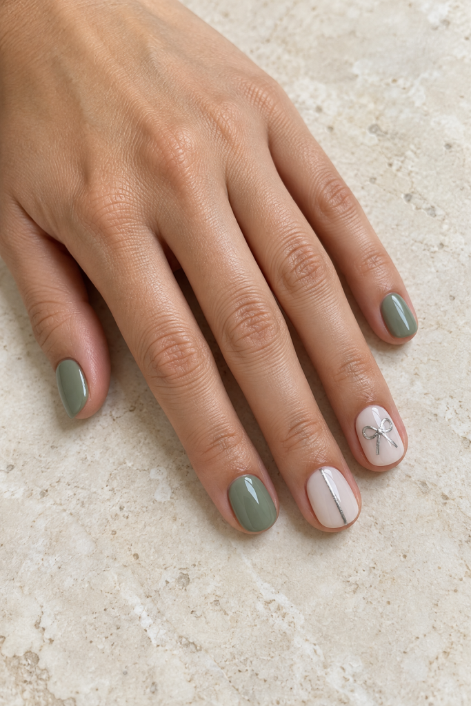 Short sage-green and ivory nails with a silver bow and fine vertical silver ribbon.