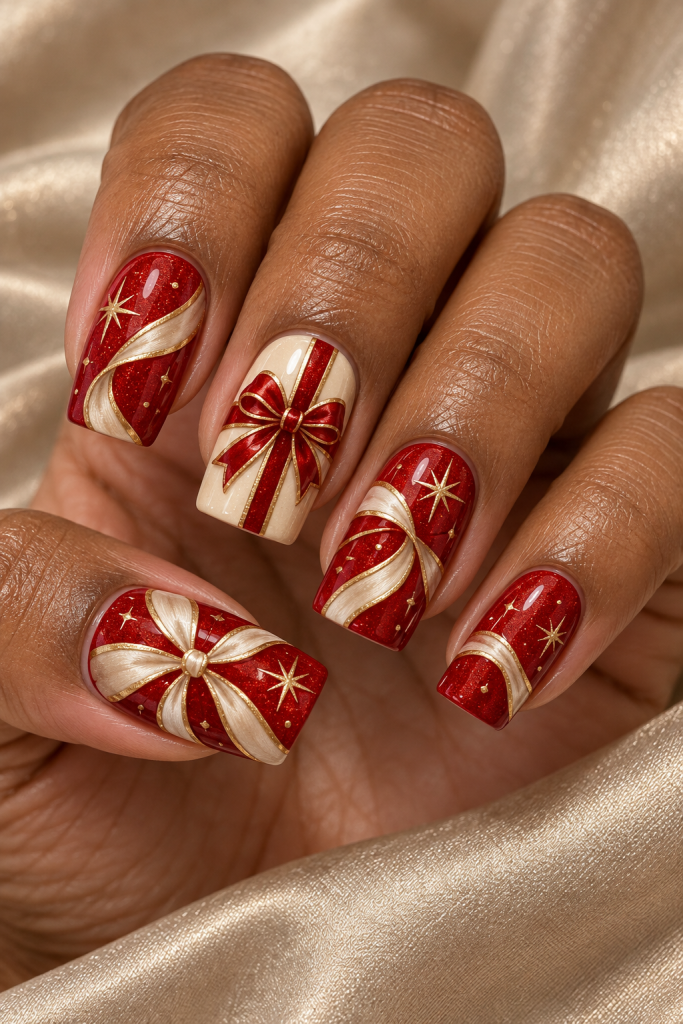medium soft square Christmas nails in scarlet, cream and champagne. Broad painted satin loops flow across red nails, beside a cream parcel nail and small gold star details.