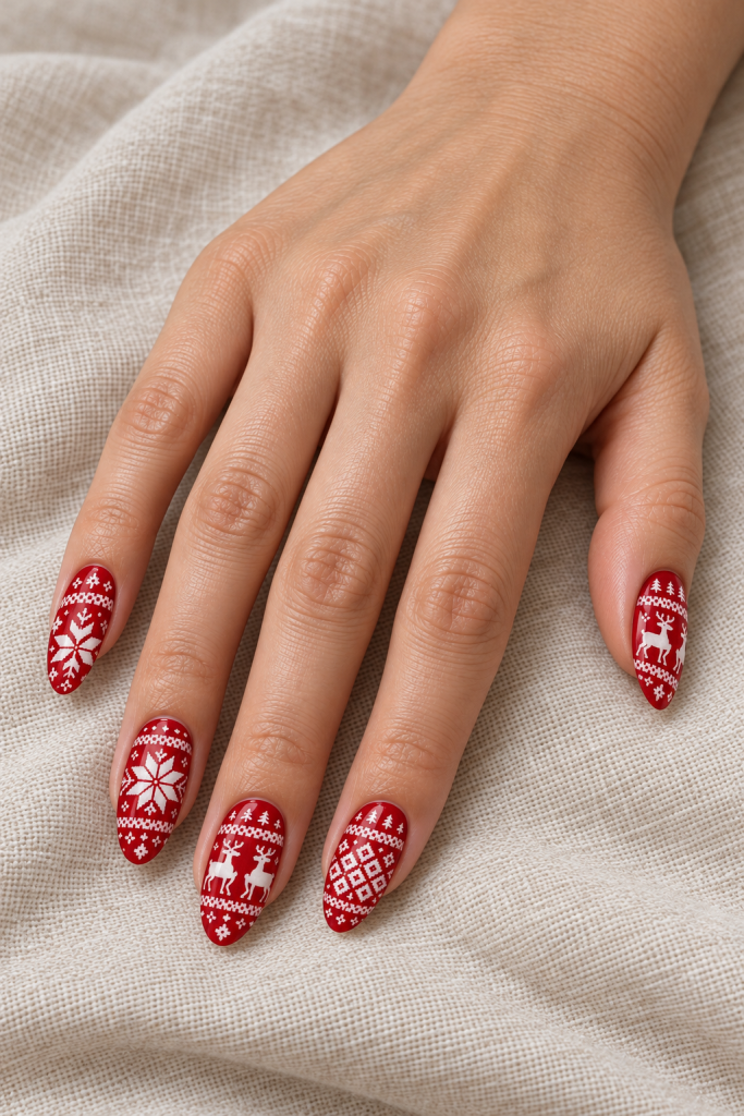 medium almond Christmas nails in scarlet red and winter white. White reindeer rows, geometric sweater diamonds and a bold snowflake cover a rich scarlet winter-knit set.