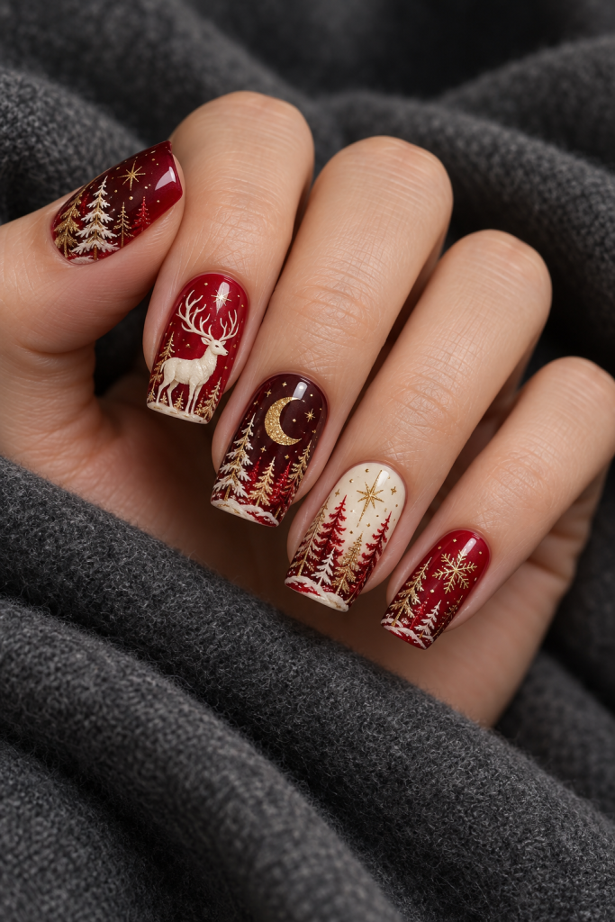 medium soft square Christmas nails in scarlet, burgundy, ivory and gold. An ivory stag, golden crescent moon and layered fir trees form a winter woodland set in contrasting red shades.