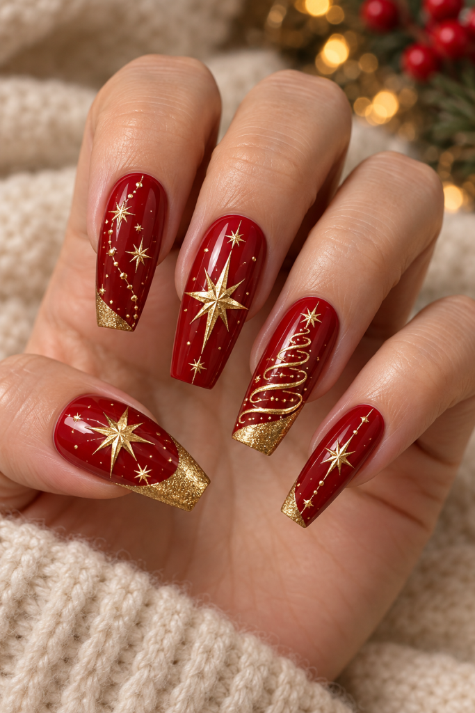 long tapered square Christmas nails in scarlet red and antique gold. Large gold eight-point stars, smaller constellations and gold-edged red tips create a bold celestial Christmas set.