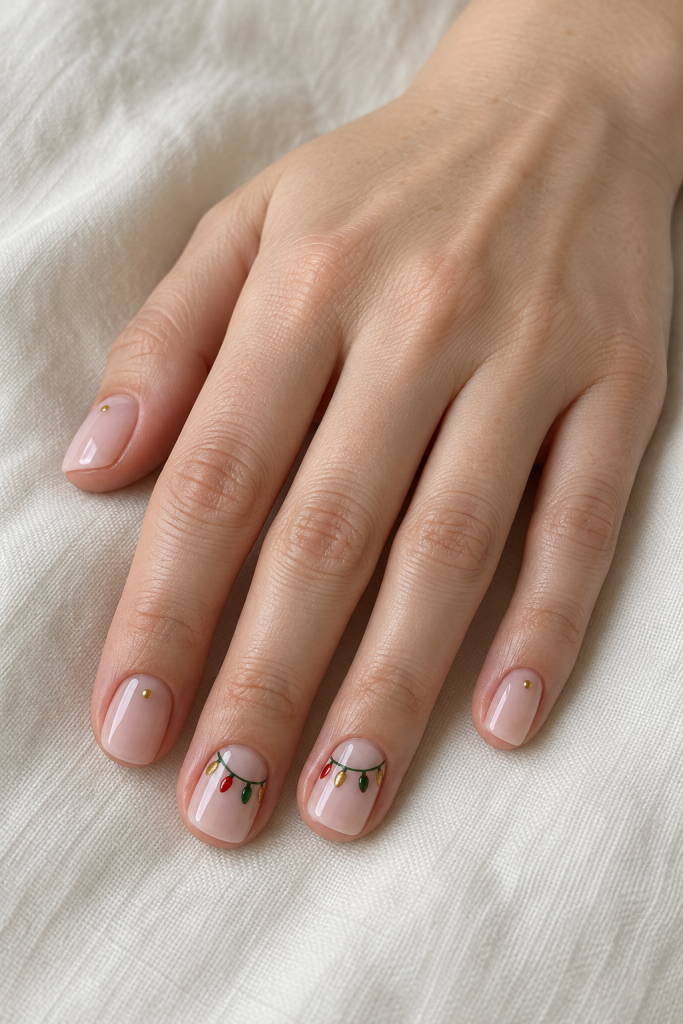 Short sheer pink nails with tiny red, green and gold Christmas light strings.