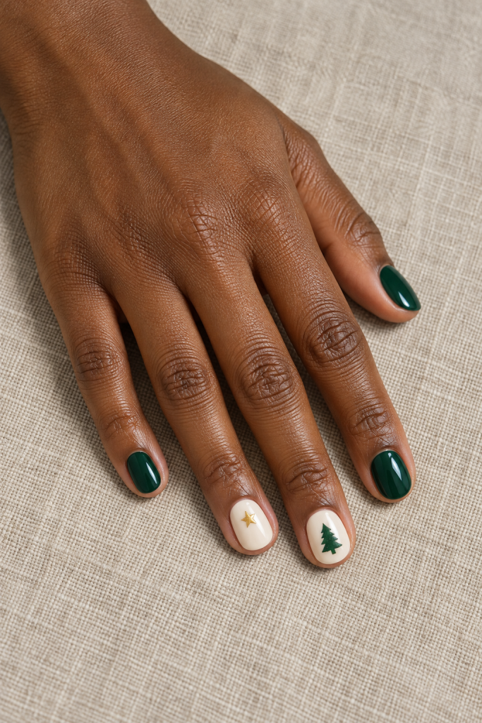 Short forest-green and ivory nails with a small Christmas tree and gold star accents.