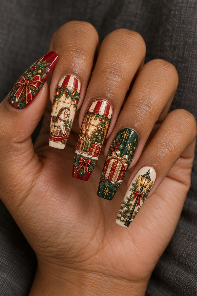 long coffin Christmas nails in brick red, ivory, muted green and gold. A toyshop window, little rocking horse, wrapped present and striped canopy make a nostalgic red Christmas sampler.