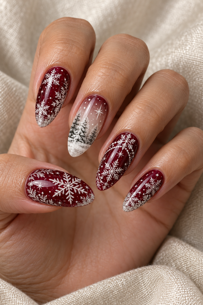 long almond Christmas nails in wine red, ivory and icy silver. Lacy white snowflakes and frosted arch borders spread across wine-red nails with one translucent-looking winter panel.