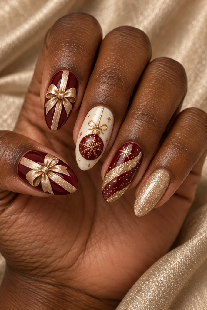 medium almond Christmas nails in wine red, champagne gold and ivory. Deep wine nails become gift parcels with broad champagne ribbons, shaded bows and one ivory ornament accent.